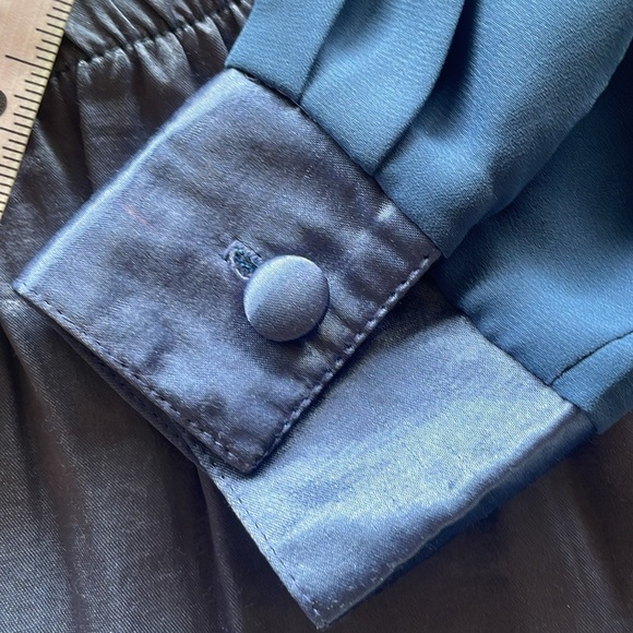 Vintage Judy Knapp Slate Blue Satin Pants Set Sheer Self Tie Halter Top Rayon LG - Picture 10 of 14